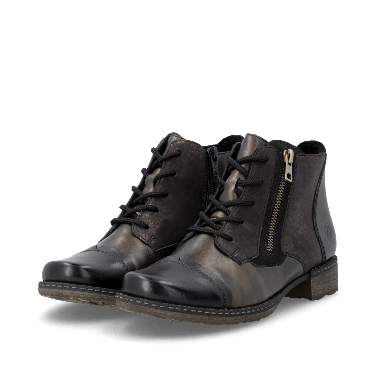 Bronze-dunkelbraune remonte Damen Schnürstiefel D4378-91 mit auffälligem Muster. Schuhpaar seitlich schräg.