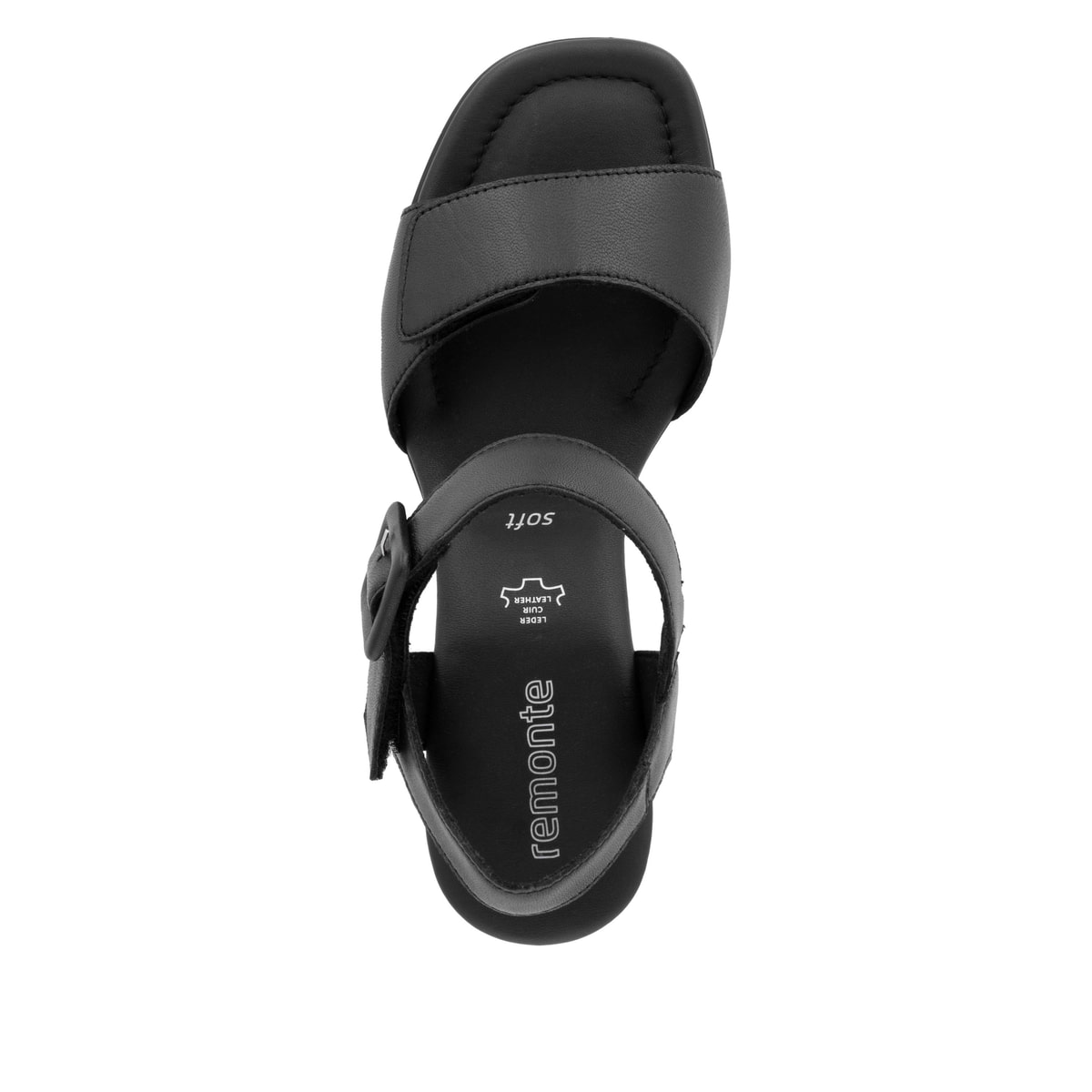 Schwarze remonte Riemchensandaletten D1K51-00 mit einem Klettverschluss. Schuh von oben.