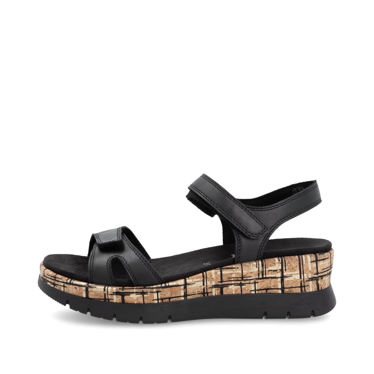 Schwarze remonte Keilsandaletten D2P52-00 mit einem Klettverschluss. Schuh Außenseite.