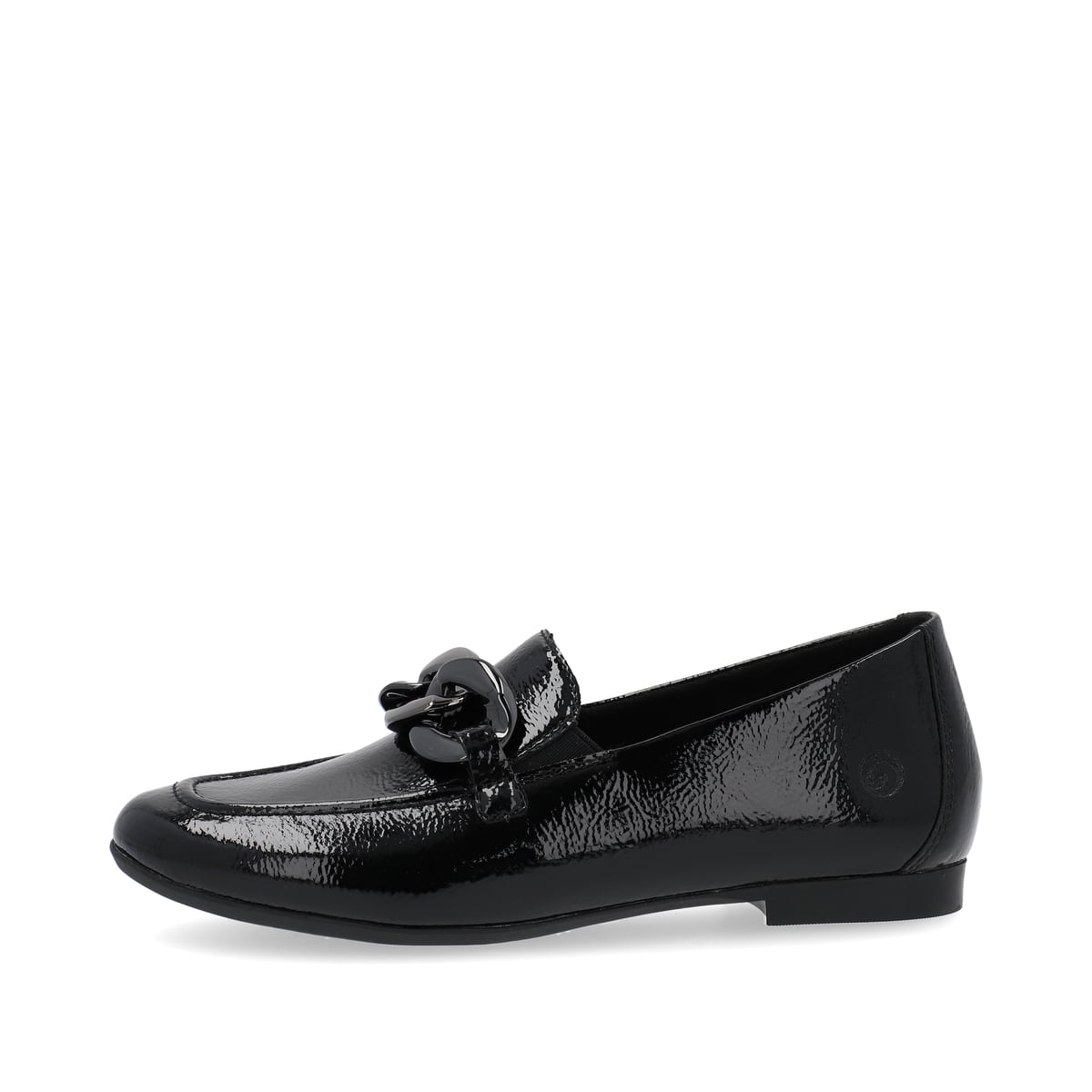 Mocassins remonte noir brillant pour femmes D0K00-01 avec chaîne à gros maillons. Côté extérieur de la chaussure.