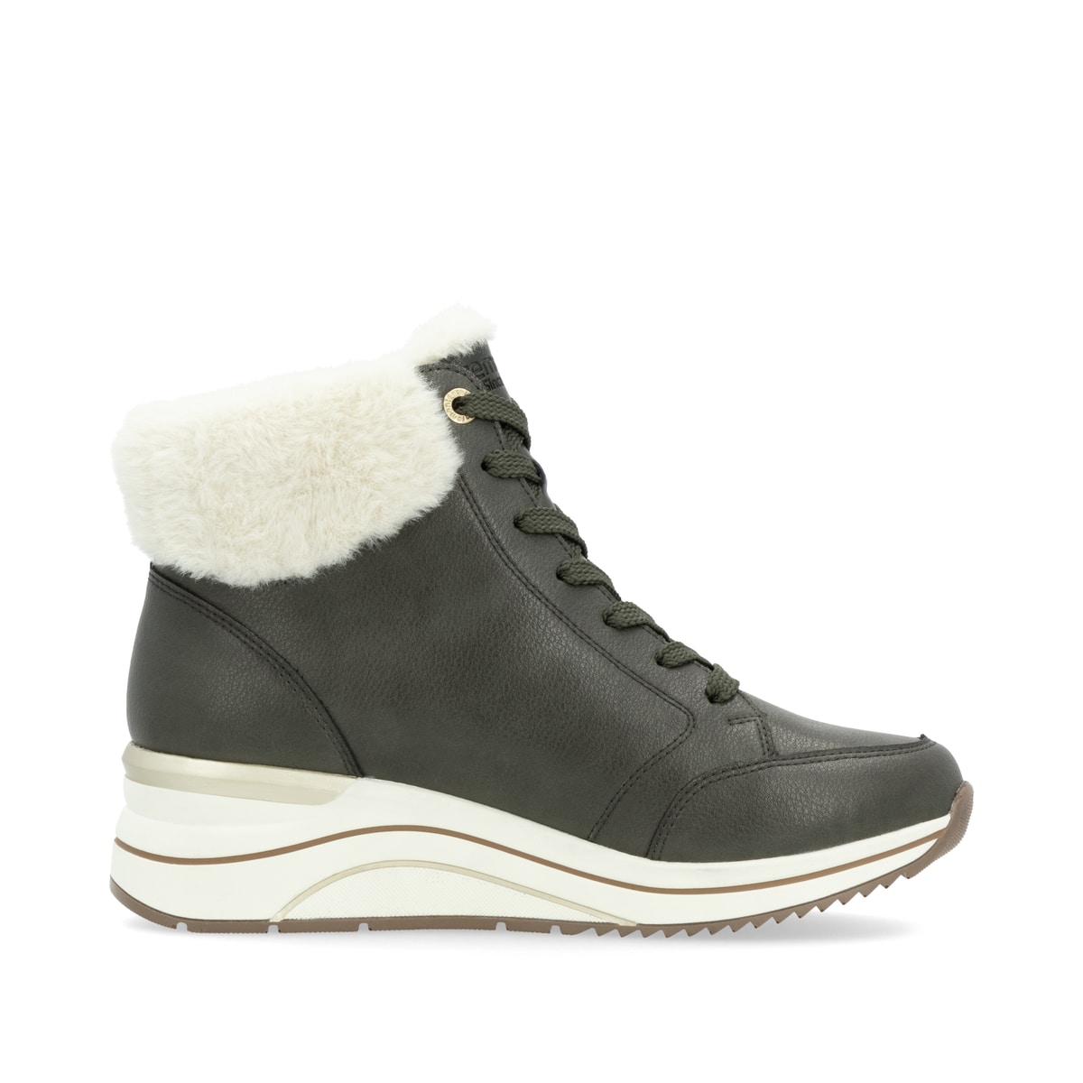 Grüne remonte Damen Schnürstiefel D0T77-52 mit wasserabweisender TEX-Membran. Schuh von hinten.