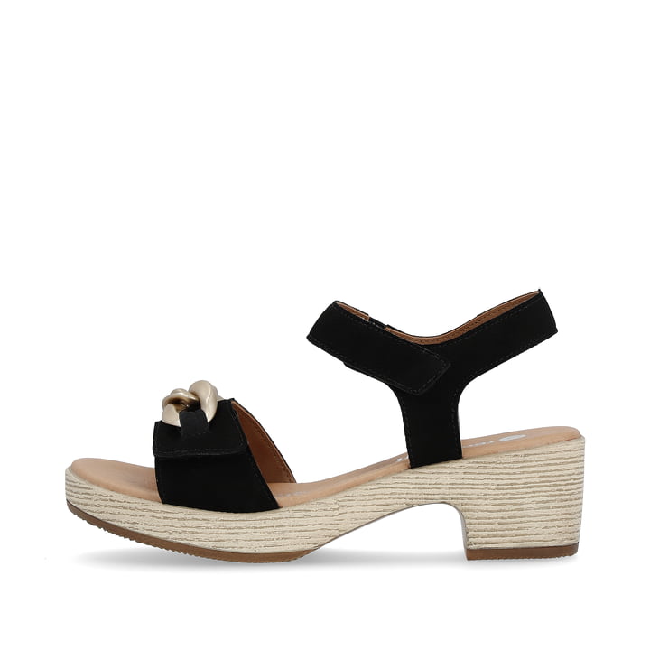 Schwarze remonte Riemchensandaletten D0N55-02 mit einem Klettverschluss. Schuh Außenseite.