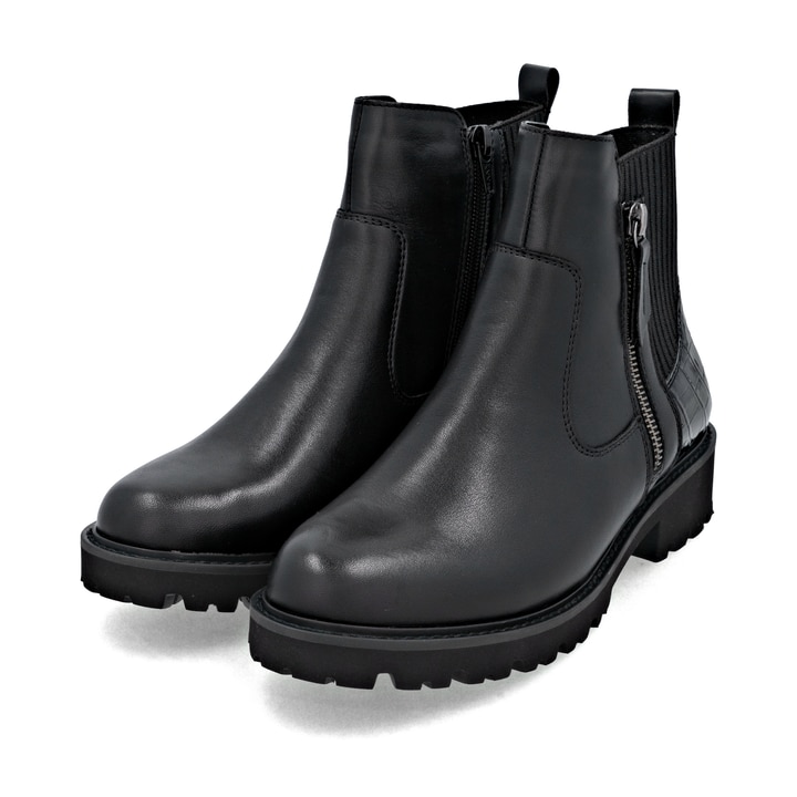 Schwarze remonte Damen Stiefeletten D8655-00 mit einem Reißverschluss. Schuhpaar seitlich schräg.