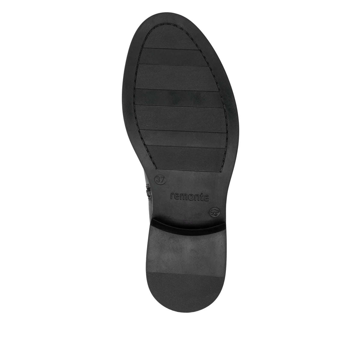 Schwarze remonte Hochschaftstiefel D2W74-00 mit einem Reißverschluss. Schuh Laufsohle.