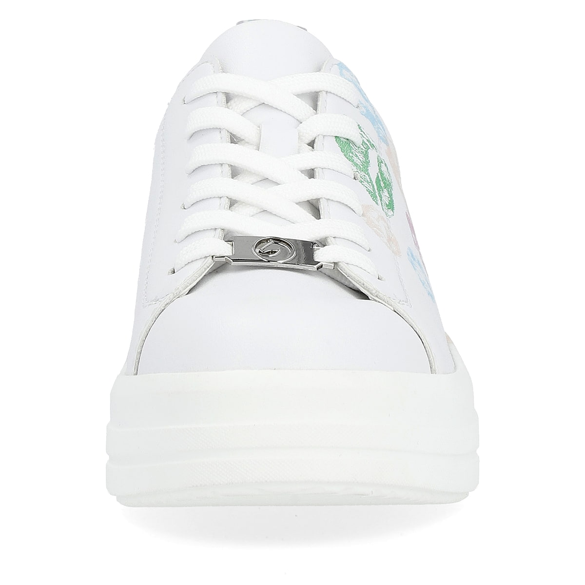 Frostweiße vegane remonte Damen Sneaker D1C03-80 mit einer Schnürung. Schuh von vorne.