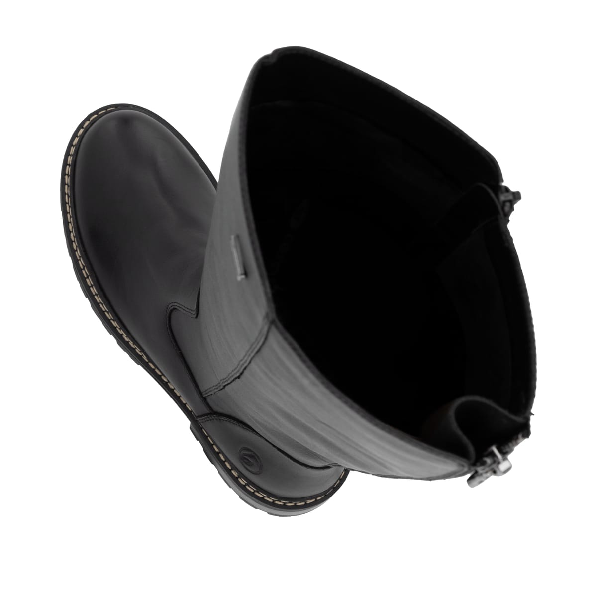 Schwarze remonte Hochschaftstiefel D0B72-01 mit wasserabweisender TEX-Membran. Schuh von oben, liegend.