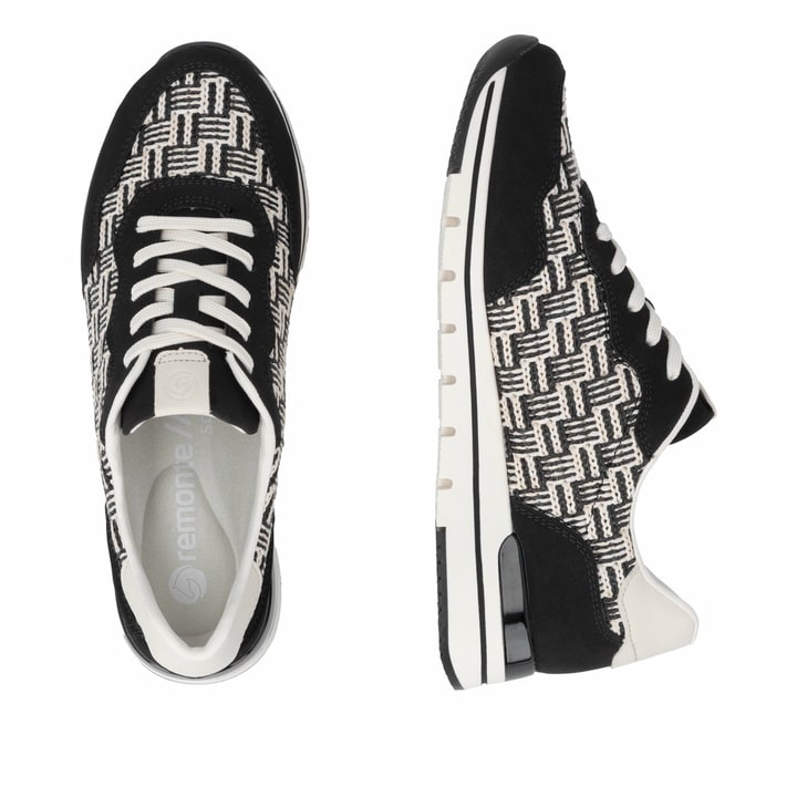 Baskets basses remonte noires vegan pour femme R6717-03 avec lacets. Chaussure vue de dessus, couchée.