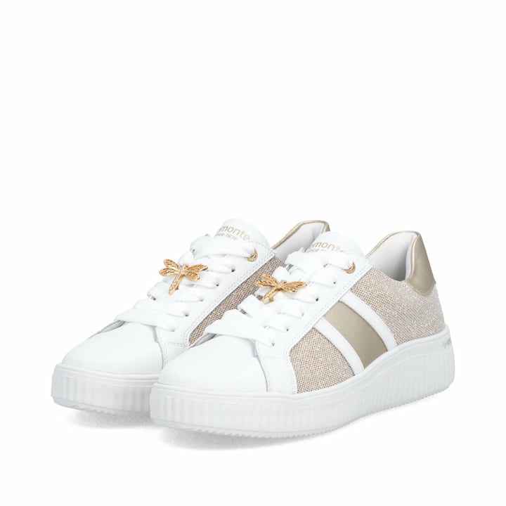 Goldene vegane remonte Damen Schnürschuhe D3E01-90 mit dekorativem Schmuckdetail. Schuhpaar seitlich schräg.