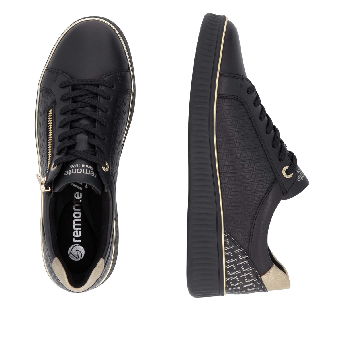 Schwarze remonte Damen Sneaker D2E00-03 mit goldenen Details. Schuh von oben, liegend.