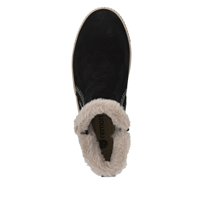 Schwarz-beige remonte Damen Kurzstiefel D3B70-03 mit modernen Ziernähten. Schuh von oben.