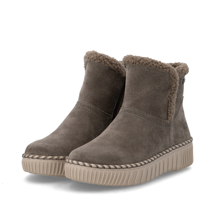 Graue remonte Damen Kurzstiefel D4A73-45 mit wasserabweisender TEX-Membran. Schuhpaar seitlich schräg.