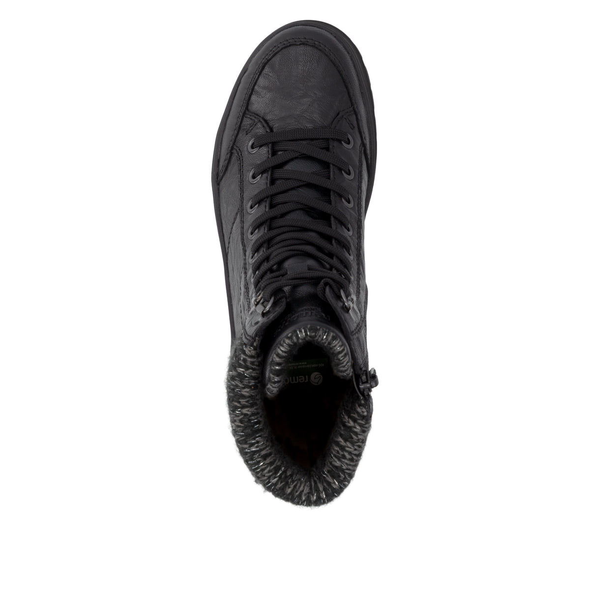 Schwarze remonte Damen Schnürstiefel D2U70-03 mit wasserabweisender TEX-Membran. Schuh von oben.