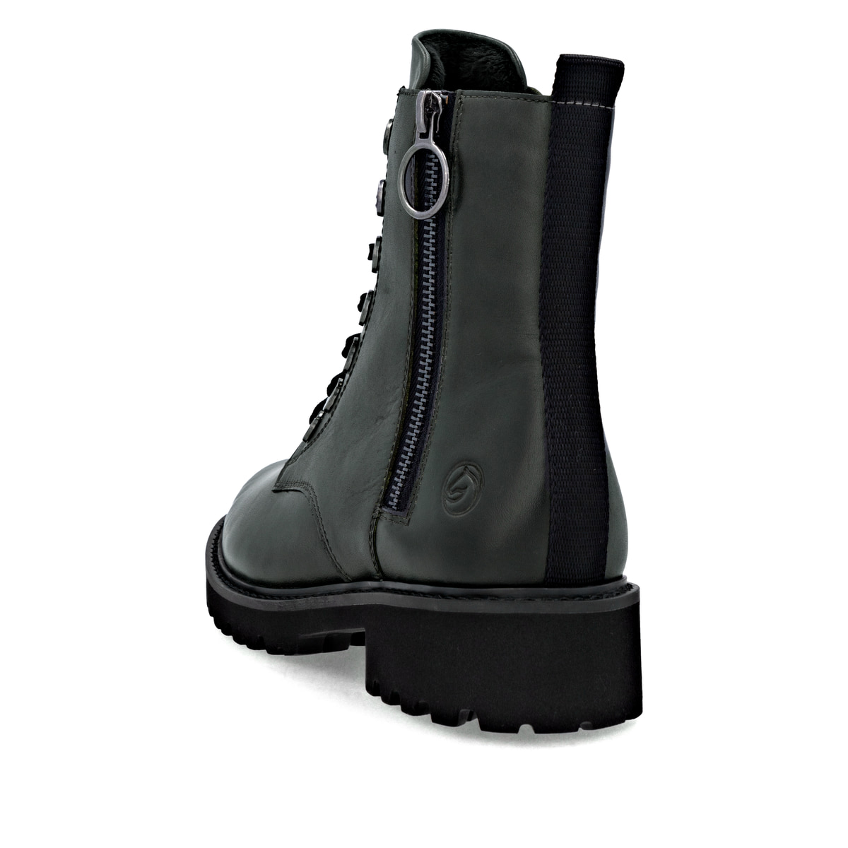 Dunkelgrüne remonte Damen Schnürstiefel D8671-56 mit einem Reißverschluss. Schuh von hinten.