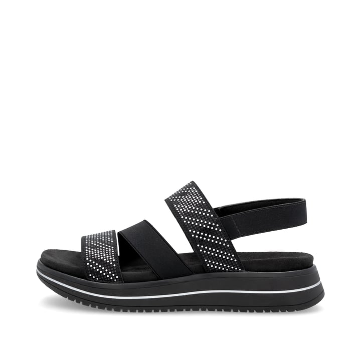 Schwarze remonte Riemchensandalen D1J59-03 mit einem Gummizug. Schuh Außenseite.