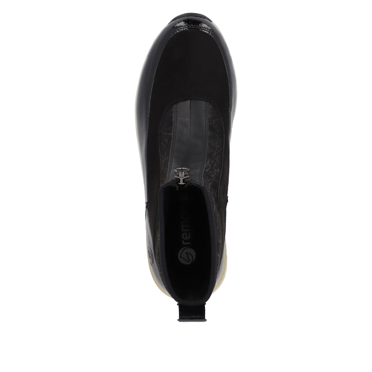 Nachtschwarze remonte Damen Sneaker D0T71-01 mit Reißverschluss sowie einem Keilabsatz. Schuh von oben