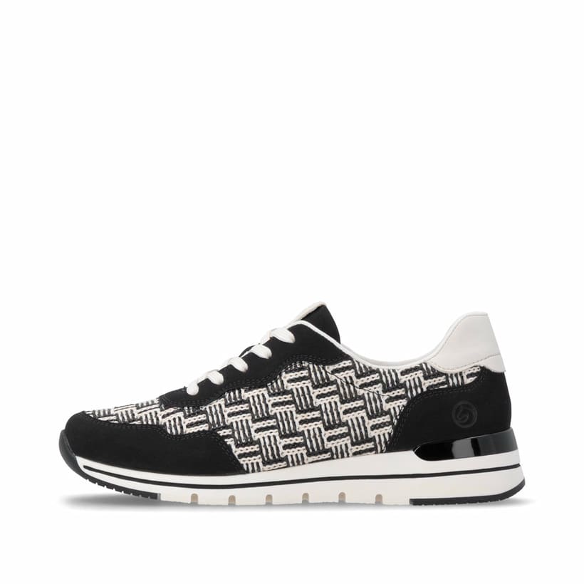 Baskets basses remonte noires vegan pour femme R6717-03 avec lacets. Côté extérieur de la chaussure.