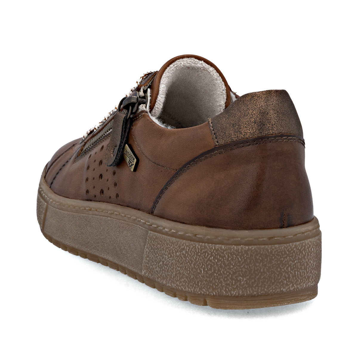 Braune remonte Damen Sneaker D2T00-24 mit wasserabweisender remonteTEX-Membran. Schuh von hinten.