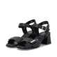 Schwarze remonte Riemchensandaletten D1K54-00 mit einem Klettverschluss. Schuhpaar seitlich schräg.