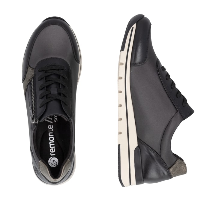 Baskets basses remonte noires pour femmes R6700-04 avec fermeture éclair. Chaussure vue de dessus, couchée.
