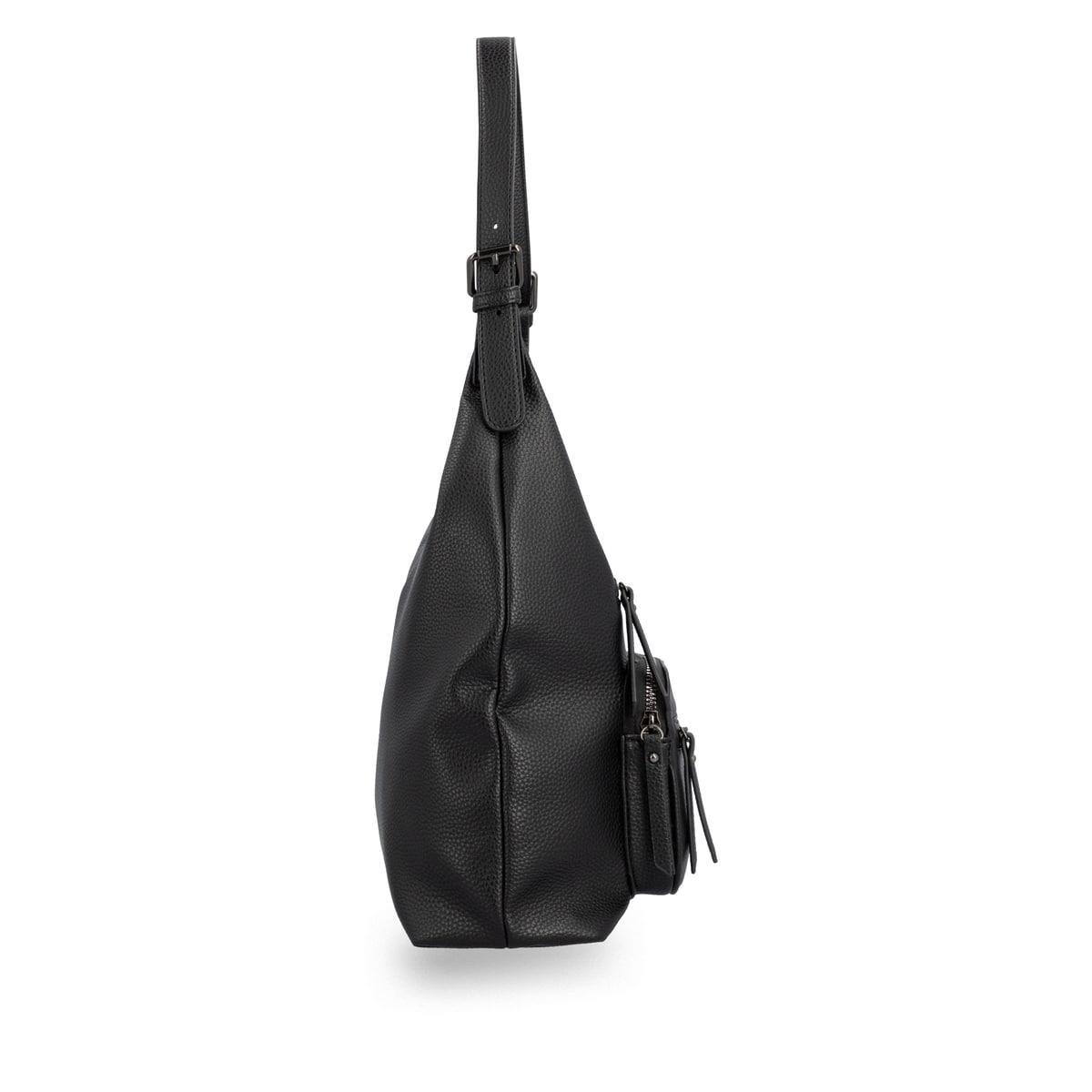 Sac bandoulière remonte Q0725-00 en noir avec un compartiment principal spacieux, fermeture éclair et deux poches extérieures. Côté droit.