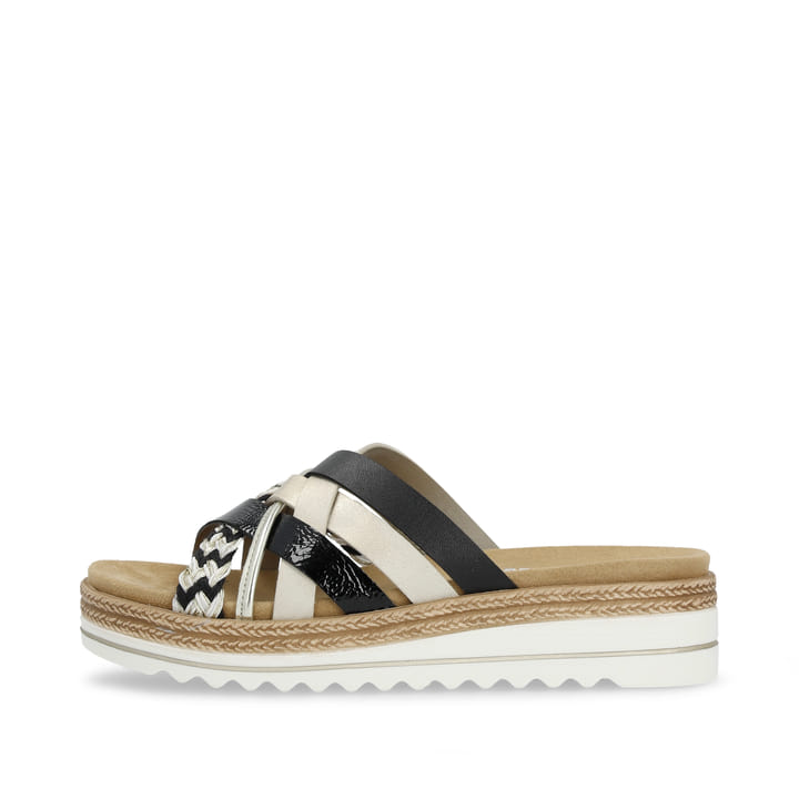 Schwarze remonte Damen Pantoletten D0Q50-02 mit einer weichen Einlegesohle. Schuh Außenseite.