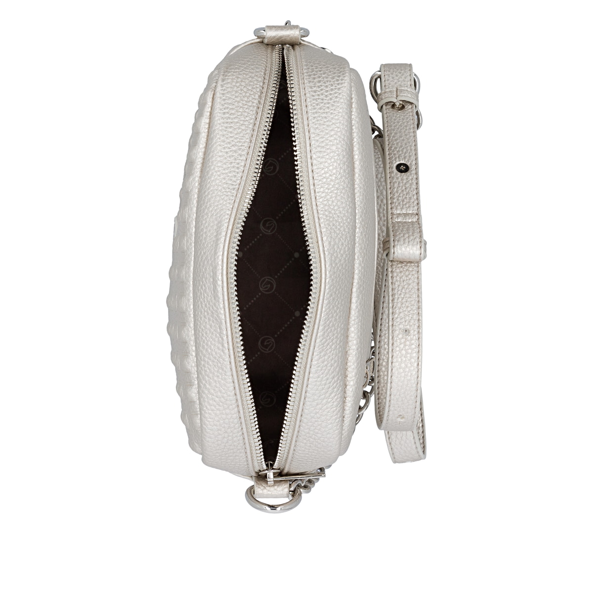 Sac à main remonte Q0667-90 gris avec détails de chaîne et fermeture éclair. Ouvert.