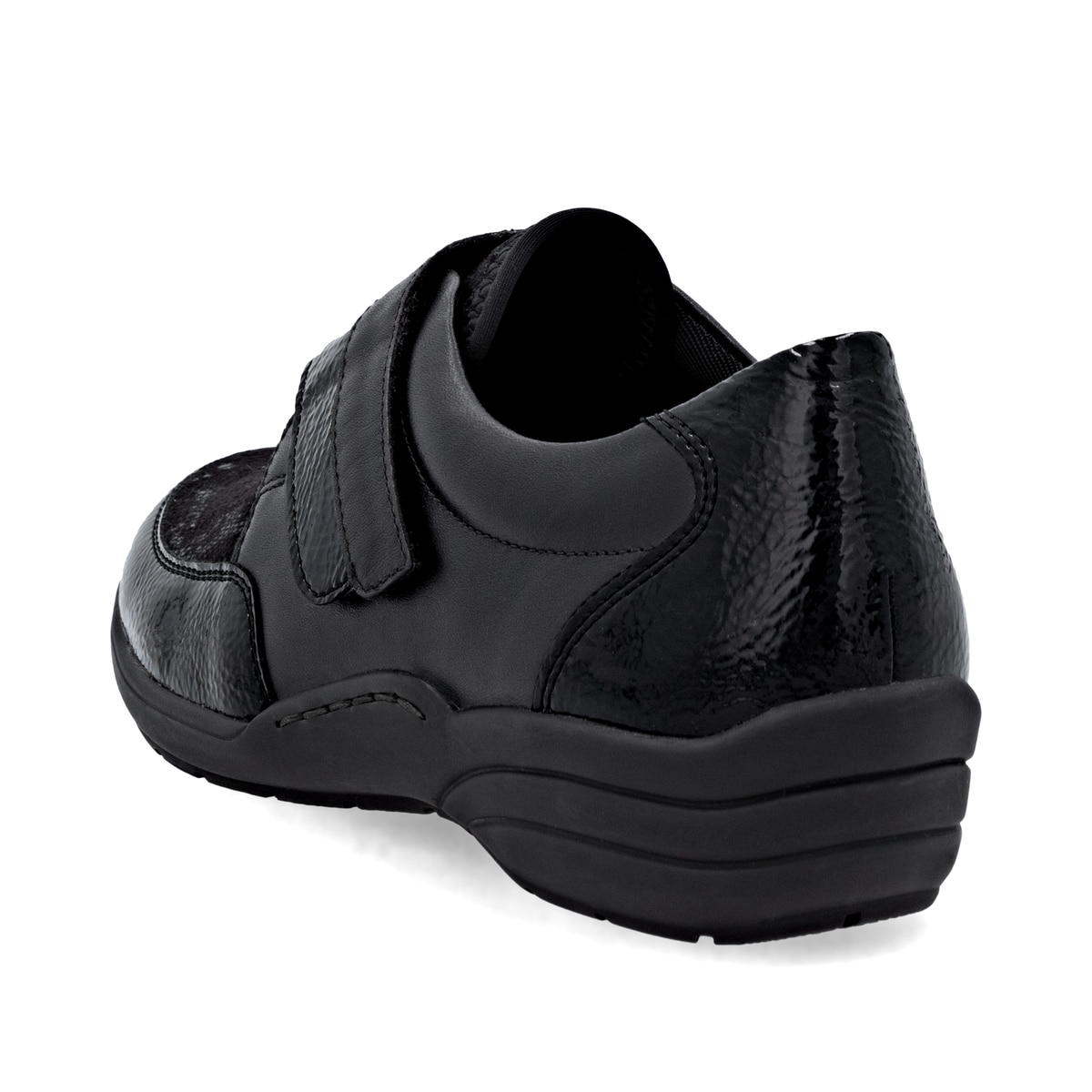 Mocassins remonte noirs pour femme R7600-00 avec fermeture velcro. Chaussure vue de dessus.