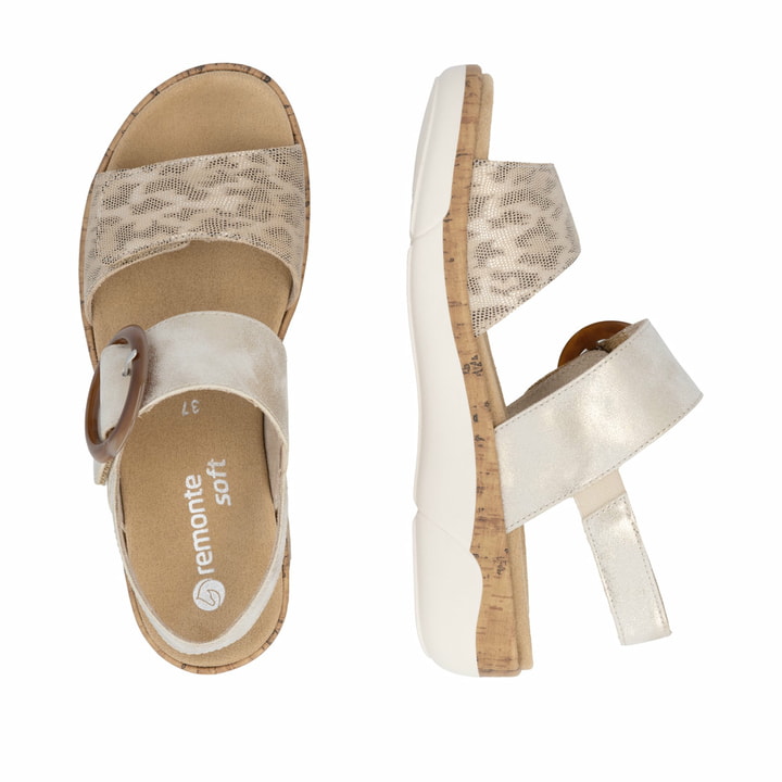 Goldene remonte Riemchensandalen R6853-94 mit trendiger Schnalle. Schuh von oben, liegend.