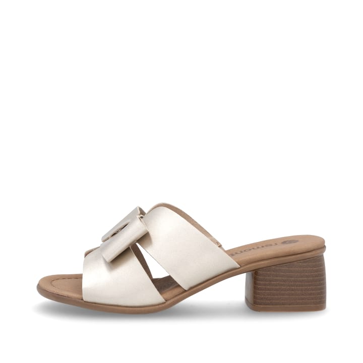Goldene remonte Damen Pantoletten R8759-90 mit Gummizug sowie leichter Sohle. Schuh Außenseite.