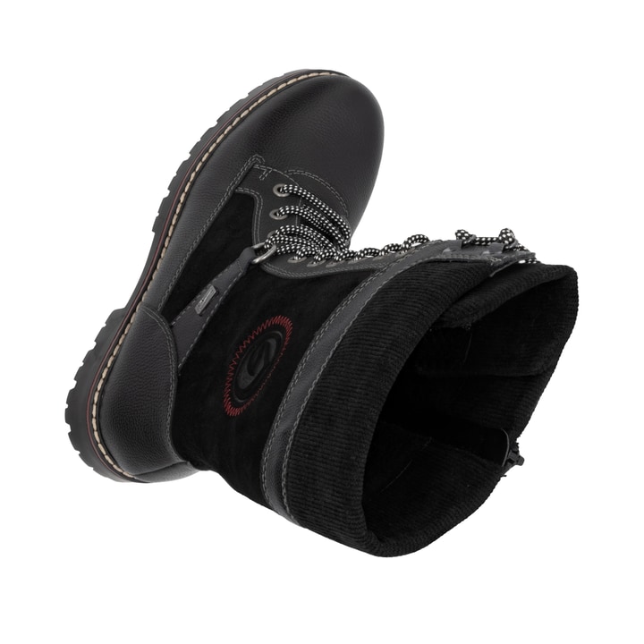 Schwarze remonte Hochschaftstiefel D9380-02 mit Flip-Grip Sohle. Schuh von oben, liegend.