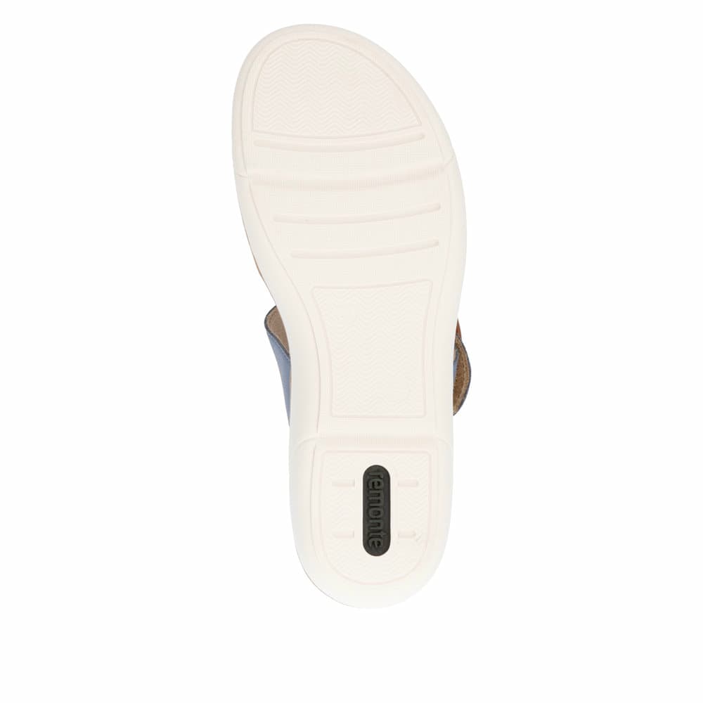 Sandales à lanières remonte bleues femme R6853-15 avec boucle tendance. Semelle extérieure de la chaussure.