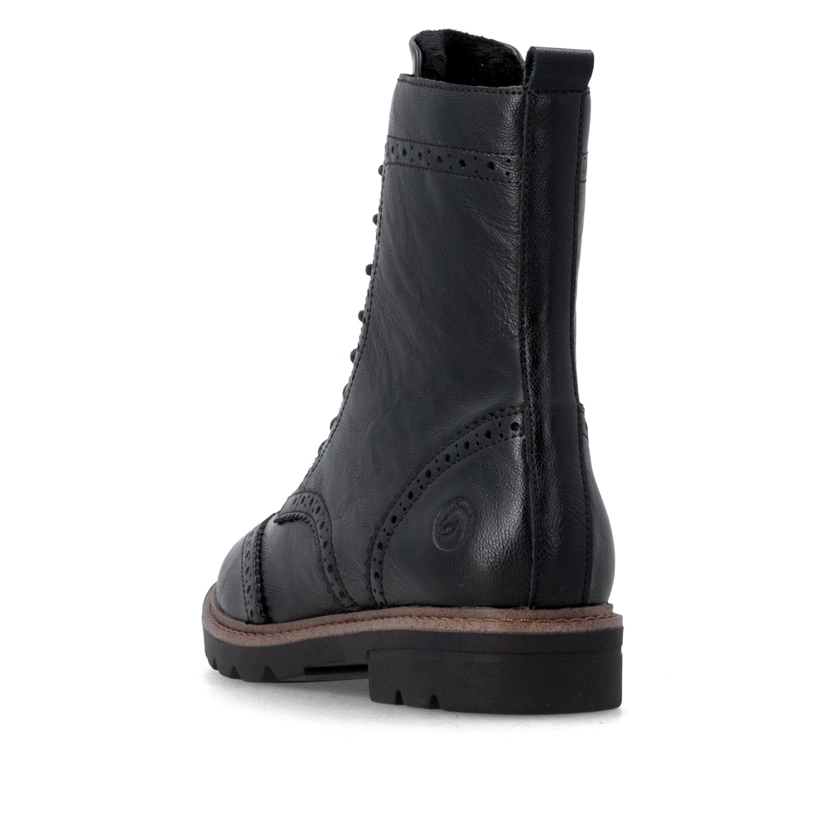 Schwarze remonte Damen Schnürstiefel D2Q73-00 mit einem Reißverschluss. Schuh von hinten.