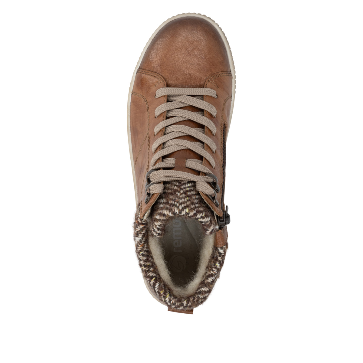 Cognacfarbene remonte Damen Schnürstiefel D0784-22. Schuh von oben.