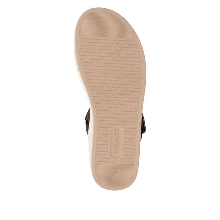 Dunkelbraune remonte Keilsandaletten D1N54-25 mit einem Klettverschluss. Schuh Laufsohle.