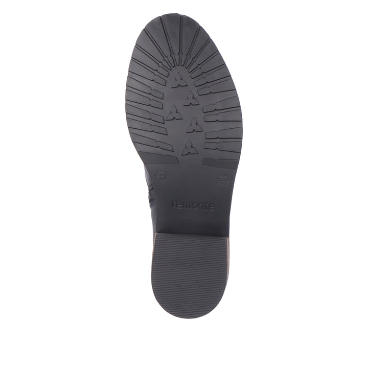 Mitternachtsschwarze remonte Damen Chelsea Boots D1A71-01 mit einer Profilsohle. Schuh Laufsohle