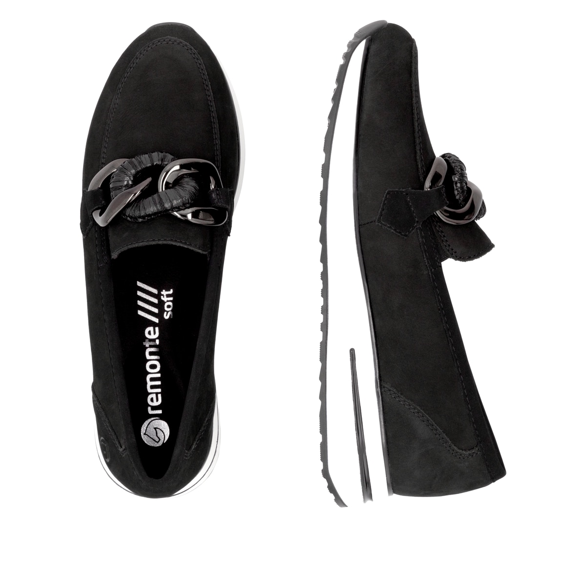 Schwarze remonte Damen Loafer D1G11-02 mit einem Gummizug. Schuh von oben, liegend.