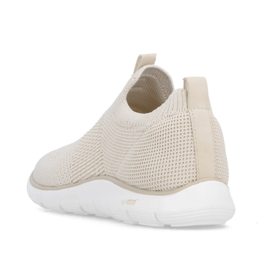 Beige remonte Damen Slipper D3G01-60 mit einem Gummizug sowie der Komfortweite G. Schuh von hinten.