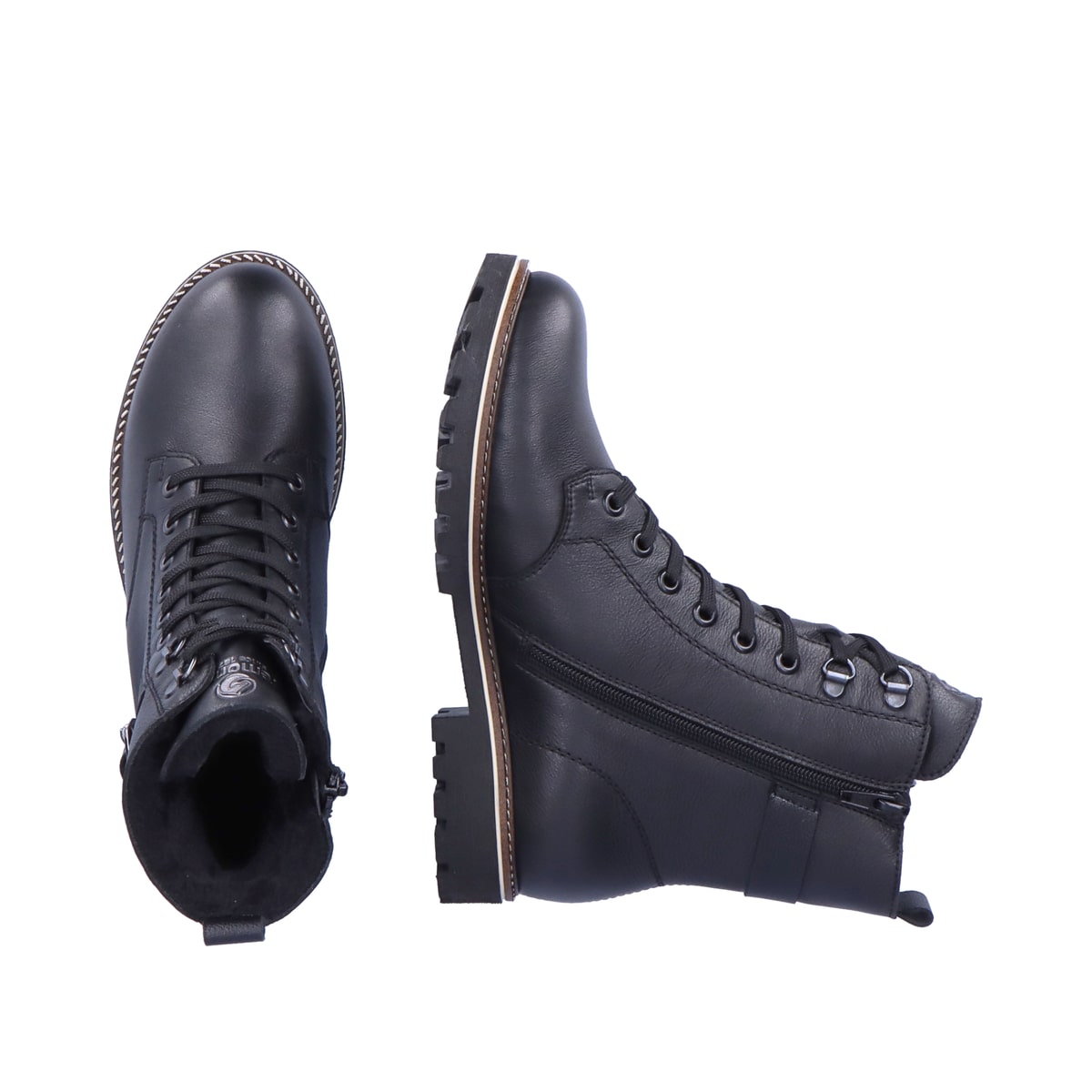 Schwarze remonte Damen Biker Boots D8475-01 mit wasserabweisender TEX-Membran. Schuh von oben, liegend.