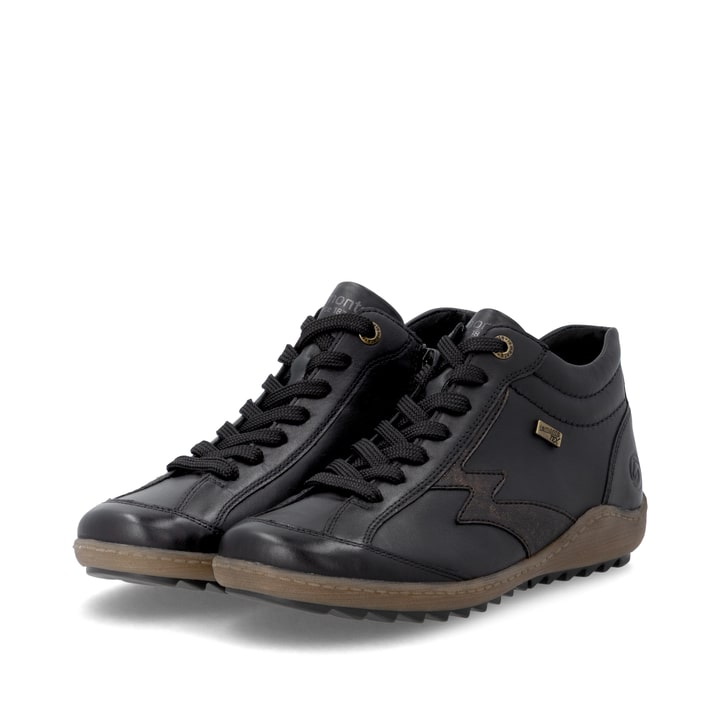 Schwarz-bronzene remonte Damen Schnürstiefel R1454-03. Schuhpaar seitlich schräg.