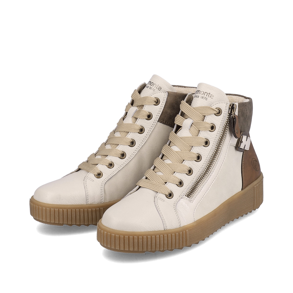 Sternenweiße remonte Damen Schnürstiefel R7997-80 mit Schnürung und Reißverschluss. Schuhpaar schräg.