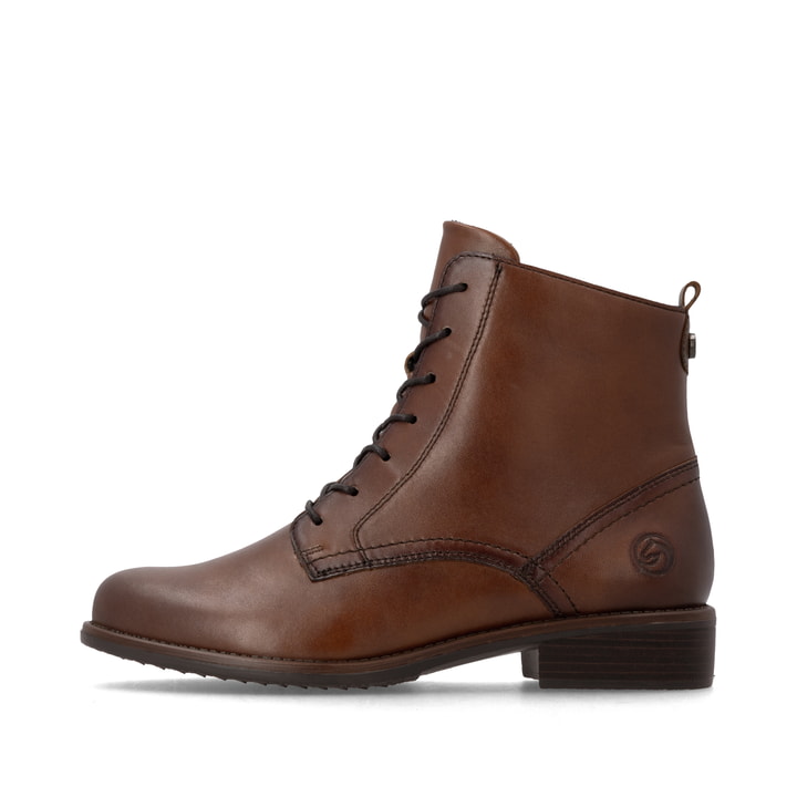 Braune remonte Damen Schnürstiefel D0F83-22 mit einem Reißverschluss. Schuh Außenseite.