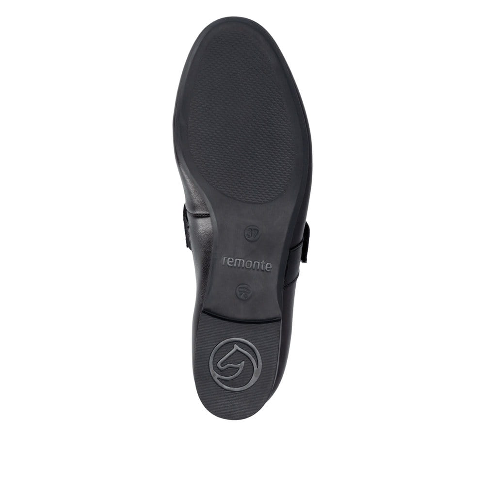 Schwarze remonte Ballerinas D0K14-00 mit einem Klettverschluss. Schuh Laufsohle.