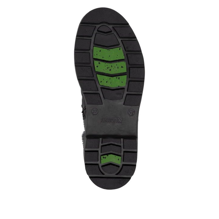 Tiefschwarze remonte Damen Kurzstiefel D0C81-03 mit griffiger Glass-Fibre Sohle. Schuh Laufsohle.