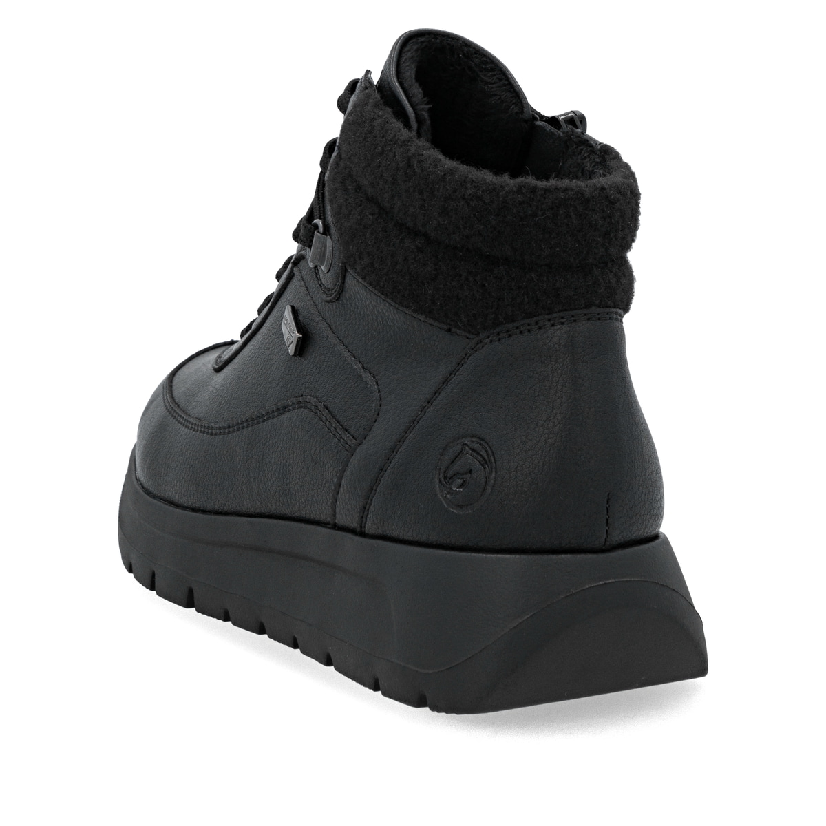 Schwarze remonte Damen Kurzstiefel D2V71-00 mit wasserabweisender TEX-Membran. Schuh von hinten.
