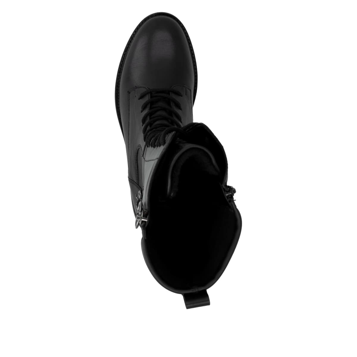 Schwarze remonte Hochschaftstiefel D2W71-00 mit einem Reißverschluss. Schuh von oben.