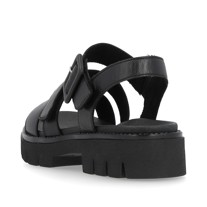 Graphitschwarze remonte Damen Riemchensandalen D7957-00 mit Klettverschluss. Schuh von hinten.