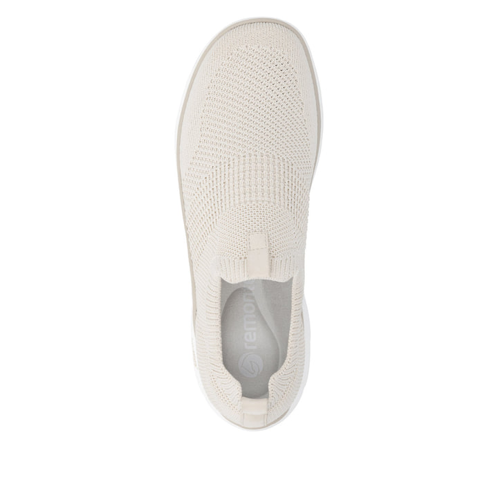 Beige remonte Damen Slipper D3G01-60 mit einem Gummizug sowie der Komfortweite G. Schuh von oben.
