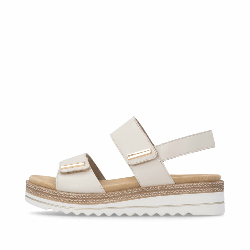 Beige remonte Keilsandaletten D0Q59-61 mit einem Klettverschluss. Schuh Außenseite.