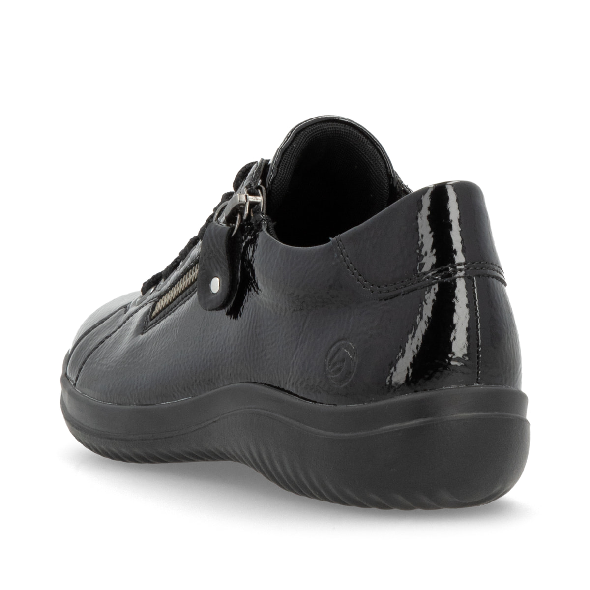 Schwarze remonte Damen Schnürschuhe D1E03-01 mit einem Reißverschluss. Schuh von hinten.