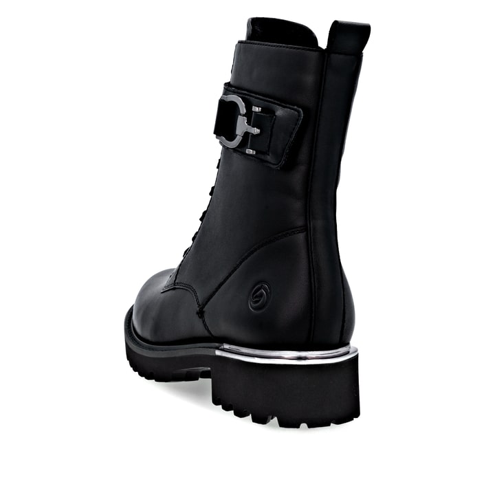 Schwarze remonte Damen Schnürstiefel D8657-00 mit einem Reißverschluss. Schuh von hinten.